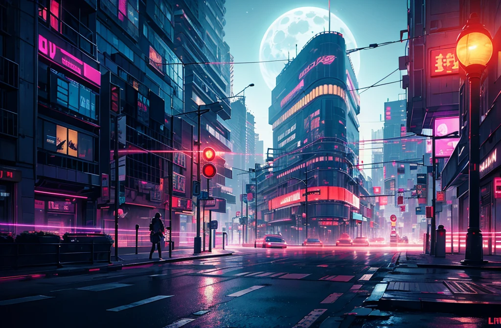 cyberpunk city, neon light, ight, HDR, futuristic building, red light, purple moon, red theme, traffic light, 4k resolution, landscape