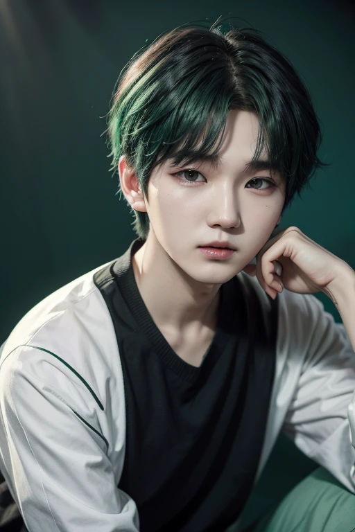 Min Yoongi from korean group bts with green mint hair dressed in black colour.