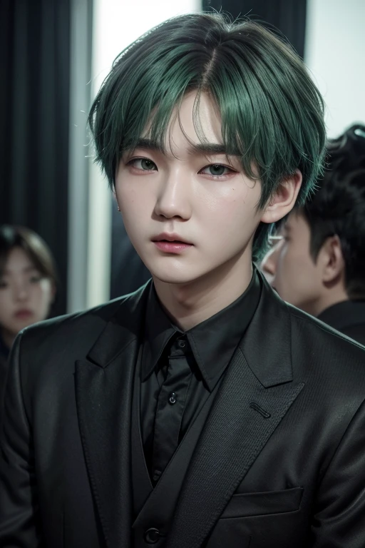 Min Yoongi from korean group bts with green mint hair dressed in black colour.