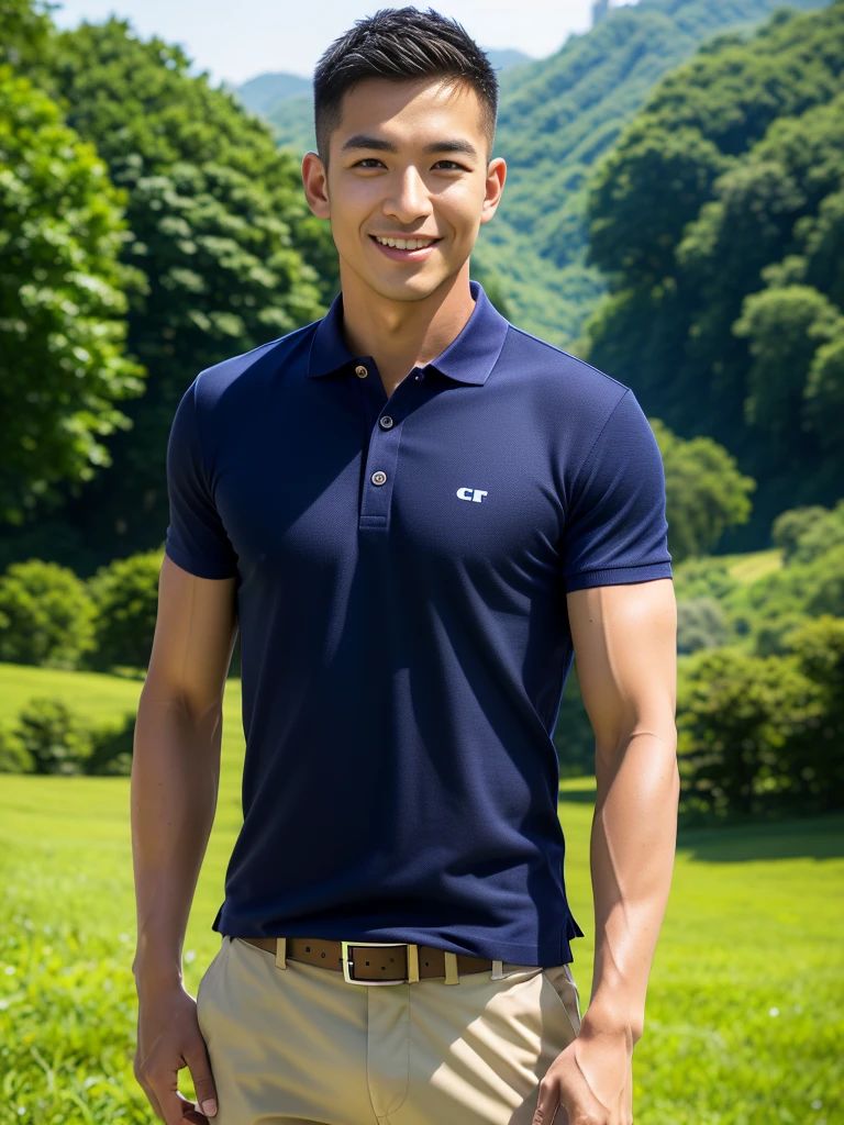(Create a masterpiece: 1.2),(CGI art:1.3),(realistic:1.5),(After processing:1.3),(Sharp focus:1.3),10,1 man, smile, (Wear a dark gray polo shirt.), Navy cargo pants, Korean guy , korean men, (High gloss details), chest muscles, large arm muscles, blood vessel, Big muscles, Broad shoulders, looking at the audience, Balancing the eyes, rice field