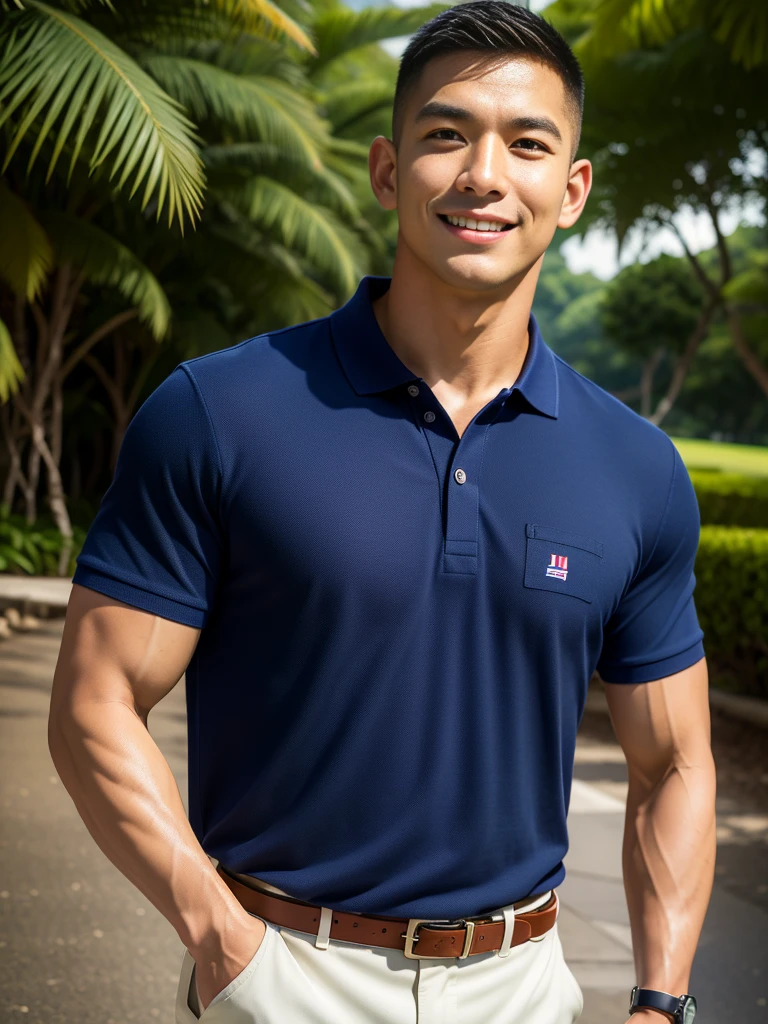 (Create a masterpiece: 1.2),(CGI art:1.3),(realistic:1.5),(After processing:1.3),(Sharp focus:1.3),10,1 man, smile, (Wear a navy polo shirt...), Navy cargo pants, Korean guy , korean men, (High gloss details), chest muscles, large arm muscles, blood vessel, Big muscles, Broad shoulders, looking at the audience, Balancing the eyes, rice field