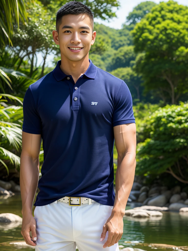 (Create a masterpiece: 1.2),(CGI art:1.3),(realistic:1.5),(After processing:1.3),(Sharp focus:1.3),10,1 man, smile, (Wear a navy polo shirt...), Navy cargo pants, Korean guy , korean men, (High gloss details), chest muscles, large arm muscles, blood vessel, Big muscles, Broad shoulders, looking at the audience, Balancing the eyes, rice field