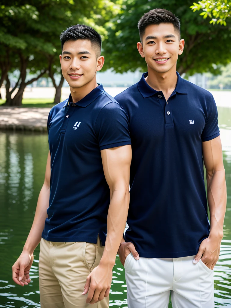 (Create a masterpiece: 1.2),(CGI art:1.3),(realistic:1.5),(After processing:1.3),(Sharp focus:1.3),10,1 man, smile, (Wear a navy polo shirt...), Navy cargo pants, Korean guy , korean men, (High gloss details), chest muscles, large arm muscles, blood vessel, Big muscles, Broad shoulders, looking at the audience, Balancing the eyes, rice field