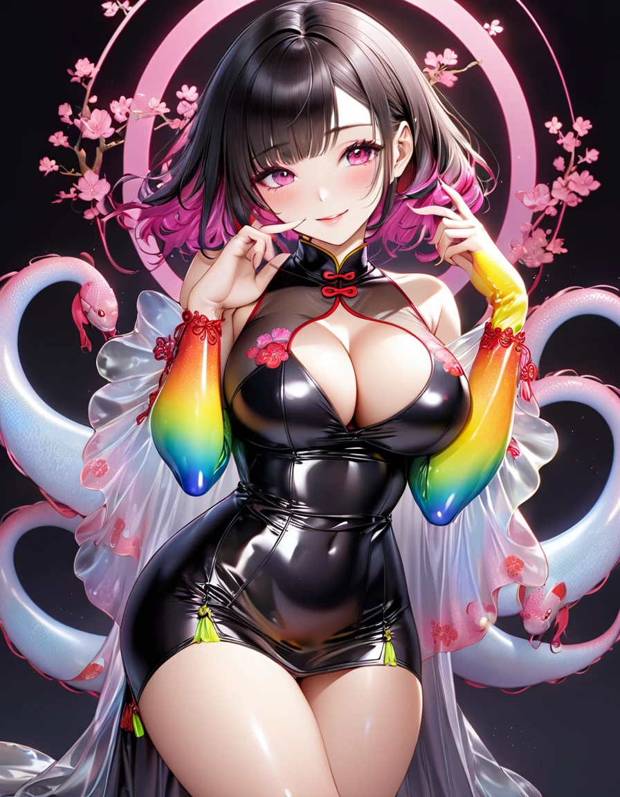Young beautiful woman,(Highest quality,Extremely detailed depiction,Incredibly absurd high resolution,Anatomically accurate depiction,Two lovely hands, Five perfect fingers,Curvy Legs),(Glowing Skin,Shiny skin,Oilskin),(((A woman wearing a rainbow-colored cheongsam with gradient sleeves,Intricate and gorgeous embroidery,Shiny satin fabric,black tights,accessories,See-through))),eyelash,eye shadow,(Glowing pink eyes,There is cleavage in the chest,A seductive smile,Large Breasts,Glossy Lips,Shadowed face),whole body,Light blush,background:Chinese-style mansion,(From above:1.1)