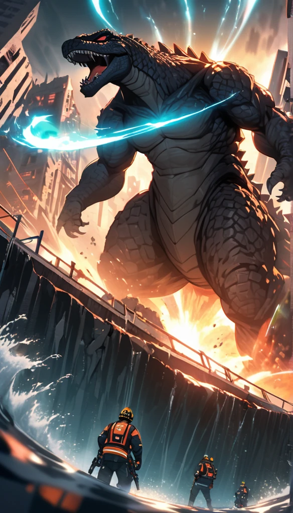 Flat coating，Vector illustration，Rich details，Angry super giant Godzilla in the city looking down at the city below，（（（The dorsal fin is filled with blue energy））），（（glow effect）），Huge waves hit the city，explode，Red light soars into the sky，Broken and collapsed building，standing water，stone，exposed steel bars，electric spark，Aerial viewing angle，colorful，Rescue helicopters，depth of field，Movie lighting，Super fine