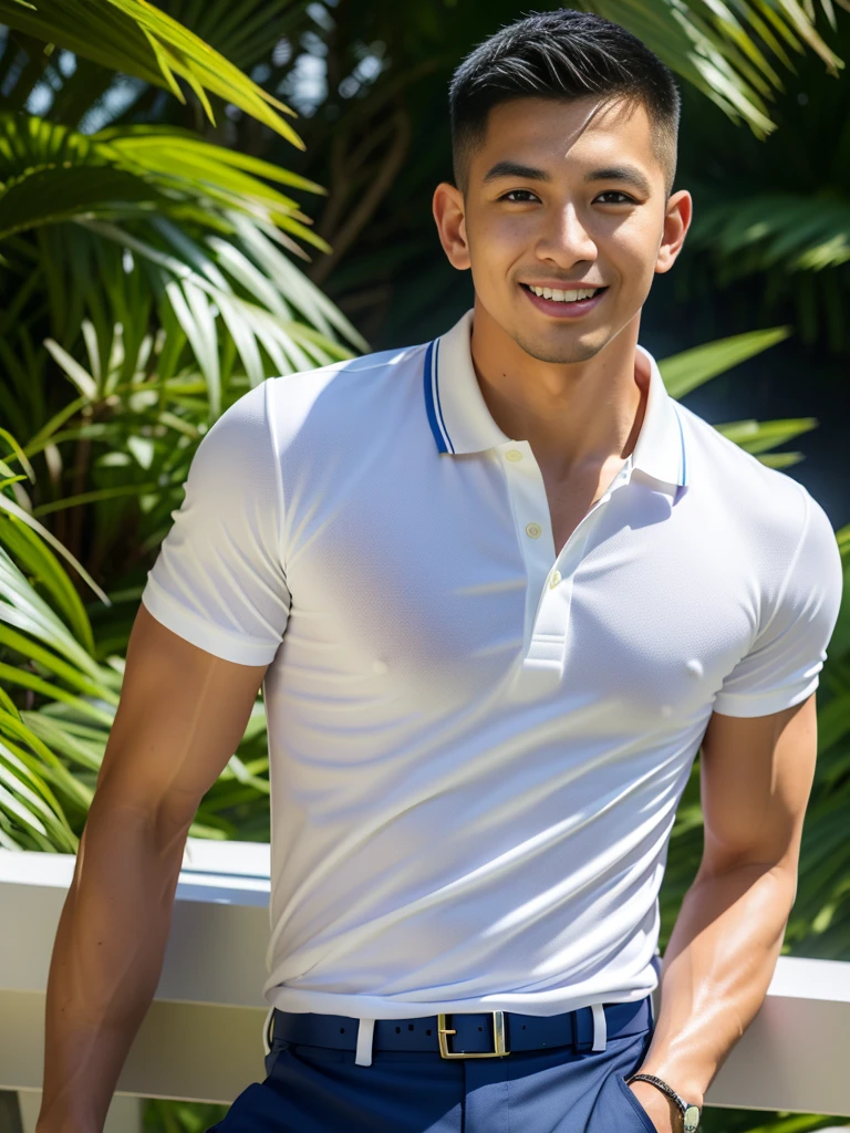 (Create a masterpiece: 1.2),(CGI art:1.3),(realistic:1.5),(After processing:1.3),(Sharp focus:1.3),10,1 man, smile, (Wear a navy polo shirt...), Navy cargo pants, Korean guy , korean men, (High gloss details), chest muscles, large arm muscles, blood vessel, Big muscles, Broad shoulders, looking at the audience, Balancing the eyes, rice field
