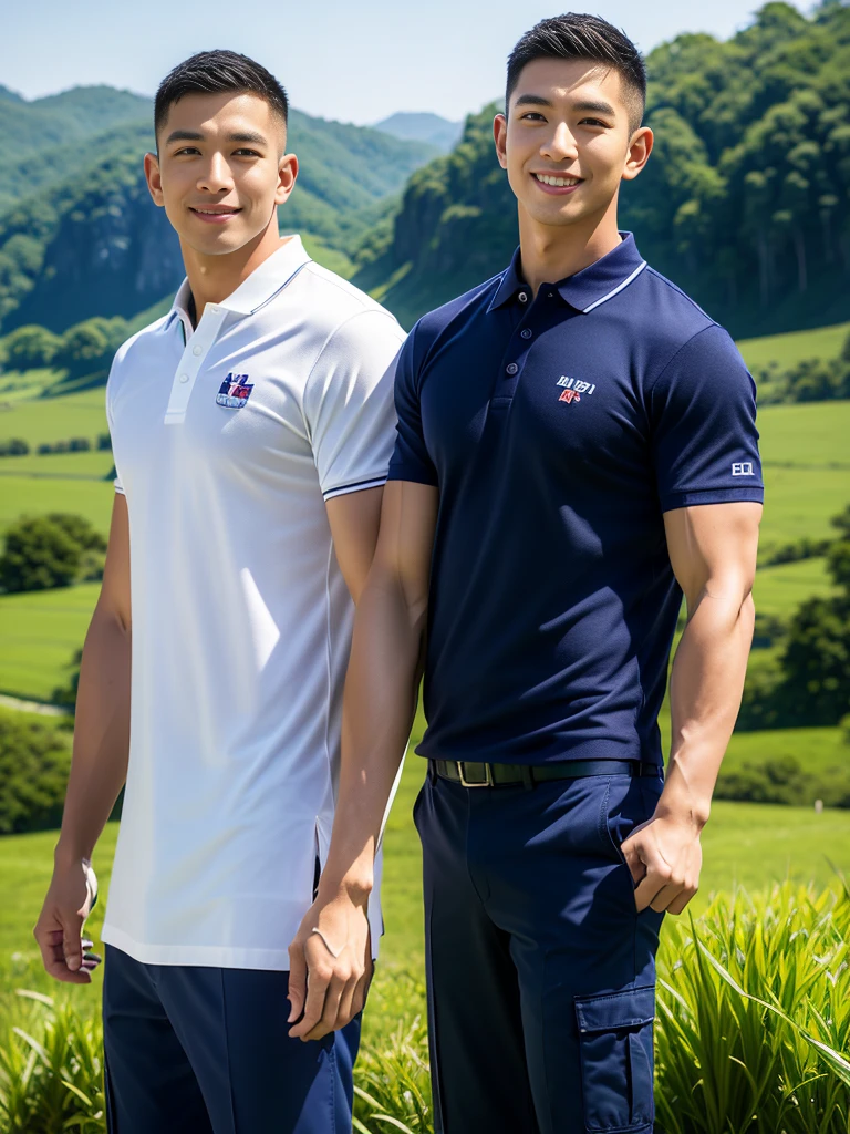 (Create a masterpiece: 1.2),(CGI art:1.3),(realistic:1.5),(After processing:1.3),(Sharp focus:1.3),10,1 man, smile, (Wear a navy polo shirt...), Navy cargo pants, Korean guy , korean men, (High gloss details), chest muscles, large arm muscles, blood vessel, Big muscles, Broad shoulders, looking at the audience, Balancing the eyes, rice field