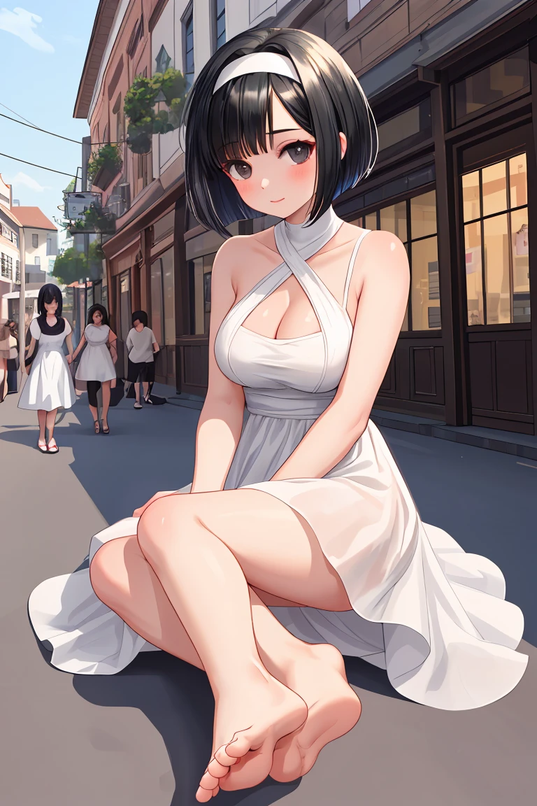 Black Hair Beautiful breasts clear Short Bob hair band White dress Beautiful feet In town