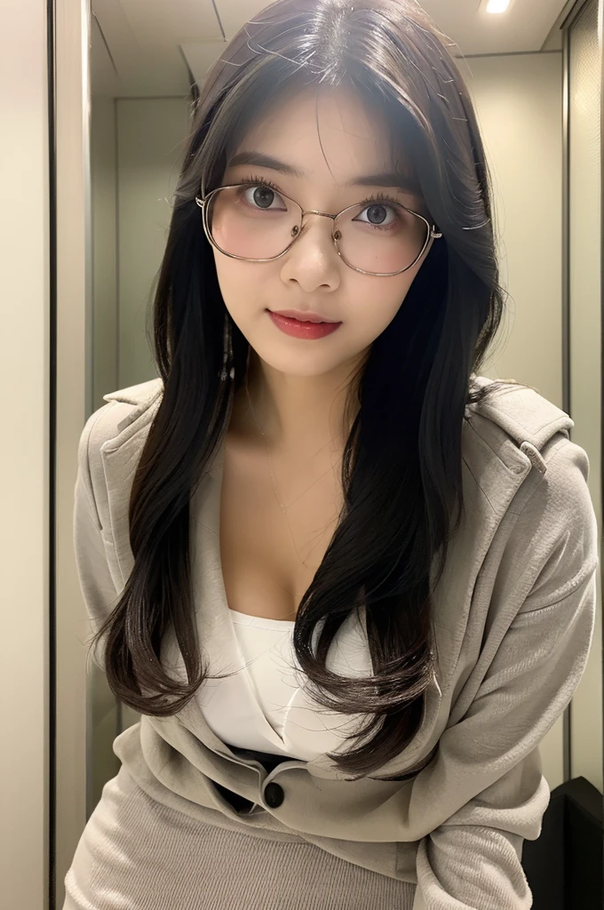 (Best quality, 8k, 32k, Masterpiece, UHD:1.2), 1 girl, ((close up:1.2)), beautiy Japanese office lady, (smile:0.5), (looking at the viewer), bit chubby, glasses, grey suit, grey mini skirt, closed white shirt, open jacket, office room, desk, (huge breasts, buttocks:1.2), detailed beautiful face, pony-tail hair, from below,