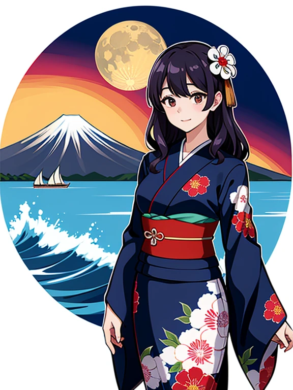 (Highest quality、masterpiece、High resolution、8K)、Ukiyo-e、Vibrant colors、Katsushika Hokusai、1 female、Long Black Hair、The kimono has a vivid floral pattern on a white background.、White waves and Mt. Fuji、Reddish Fuji、White waves, the moon and a woman、White waves, a boat and a woman、White waves, a woman and a seagull、Official Art、背景はUkiyo-e風