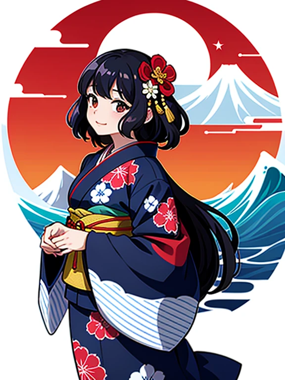 (Highest quality、masterpiece、High resolution、8K)、Ukiyo-e、Vibrant colors、Katsushika Hokusai、1 female、Long Black Hair、The kimono has a vivid floral pattern on a white background.、White waves and Mt. Fuji、Reddish Fuji、White waves, the moon and a woman、White waves, a boat and a woman、White waves, a woman and a seagull、Official Art、背景はUkiyo-e風