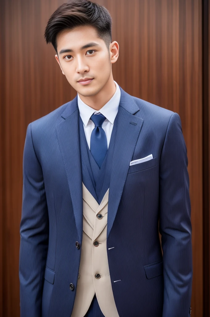 Brown striped suit、　30-year-old handsome employee、The hair is neat.It is not advisable to cut the beard short.no beard.　（Super handsome S-class suit man）、　Japanese male, 30 years old、　merchant、　Super Deluxe Set、　office、　Stand up in a suitＳyoung handsome man、　full body image、　（CG Unity 8K High Detail Photo）、　（a very detailedＳThe most handsome boy in the class）、　（Photos are real）、　　（（top quality））、　super detailed、　（​Masterpiece）、　super high quality、　High、　audience、　gentleman、　very beautiful hair、　short hair、　bright photos、　As handsome as a model、　As handsome as an idol、　Luxury watches、　Eyes balanced looking at the audience with a slight smile