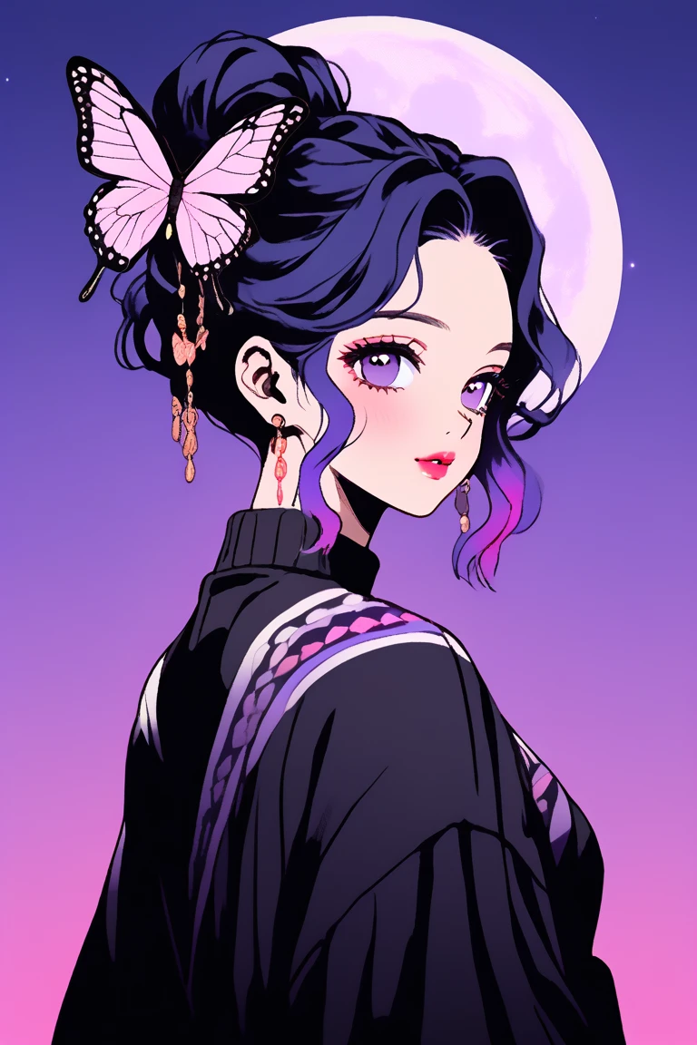 (Highest quality, sketch:1.2),Realistic,Illustrator,anime,1 Girl, Detailed lips,sweater,custom,Pink gradient background,Neon Hair,Texture Cropping,masterpiece, Style: Retro Classic, Dark Black、Braid、Under the Moon、black and purple hair、Beautiful Book、Blue butterfly hair ornament、Upstyle Hair、Hair is a night 