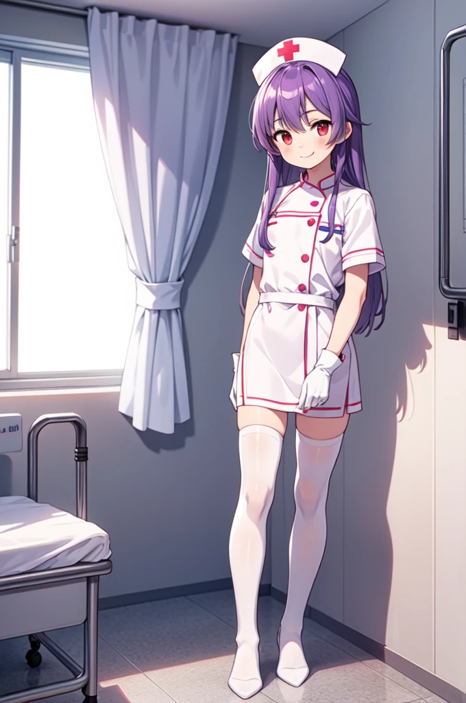 1boy, solo, male focus, nurse, white nurse cap, white nurse uniform, ((white legwear, zettai ryouiki)), white gloves, long hair, purple hair, red eyes, smile, standing, ((hospital room)), sharp outline, short sleeves, shota, 12 years old, best quality, masterpiece