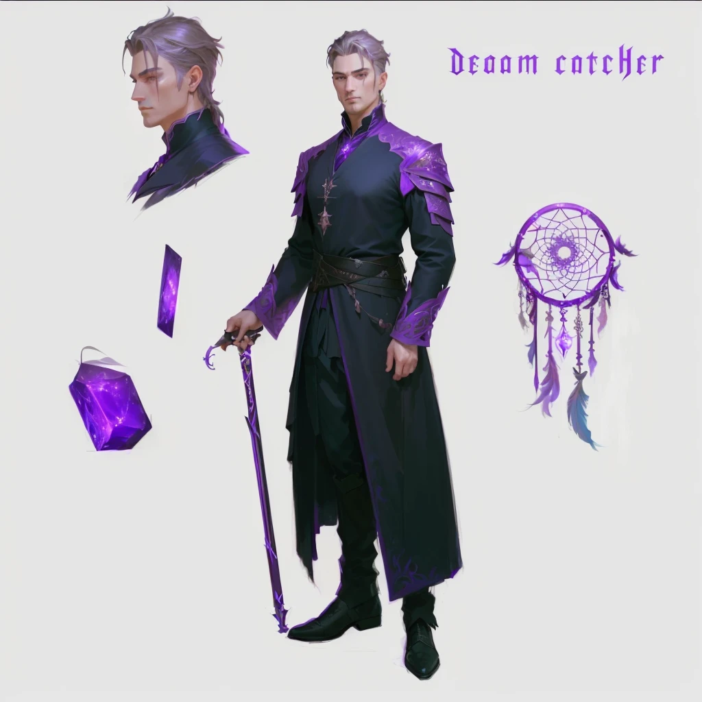 a man in a dark purple outfit is standing, !dream conceptual art, Dreamcatcher, fantasy magician, languid expression on his face, detailed render, artstation quality, ryan glitter conceptual artist, unrealistic character concept, besides, What + conceptual art, The concept of a fantasy character, fantasy character design, ( ( character conceptual art ) ), arcane conceptual art, detailed character art, detailed character design, realistic character concept, [ character design ], male character design