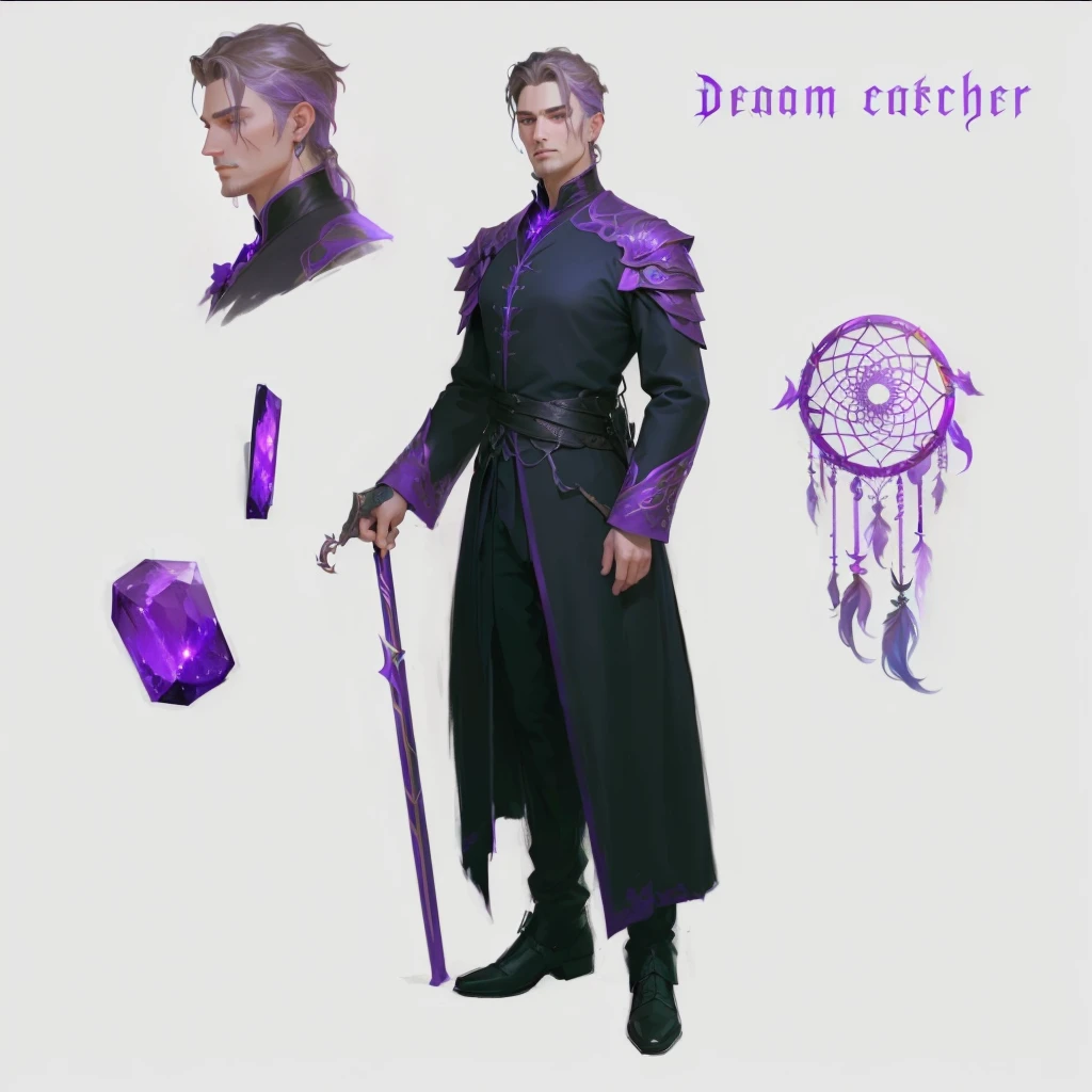 a man in a dark purple outfit is standing, !dream conceptual art, Dreamcatcher, fantasy magician, languid expression on his face, detailed render, artstation quality, ryan glitter conceptual artist, unrealistic character concept, besides, What + conceptual art, The concept of a fantasy character, fantasy character design, ( ( character conceptual art ) ), arcane conceptual art, detailed character art, detailed character design, realistic character concept, [ character design ], male character design
