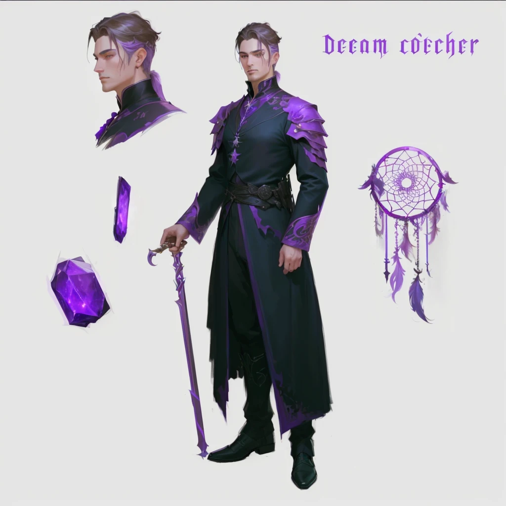 a man in a dark purple outfit is standing, !dream conceptual art, Dreamcatcher, fantasy magician, languid expression on his face, detailed render, artstation quality, ryan glitter conceptual artist, unrealistic character concept, besides, What + conceptual art, The concept of a fantasy character, fantasy character design, ( ( character conceptual art ) ), arcane conceptual art, detailed character art, detailed character design, realistic character concept, [ character design ], male character design