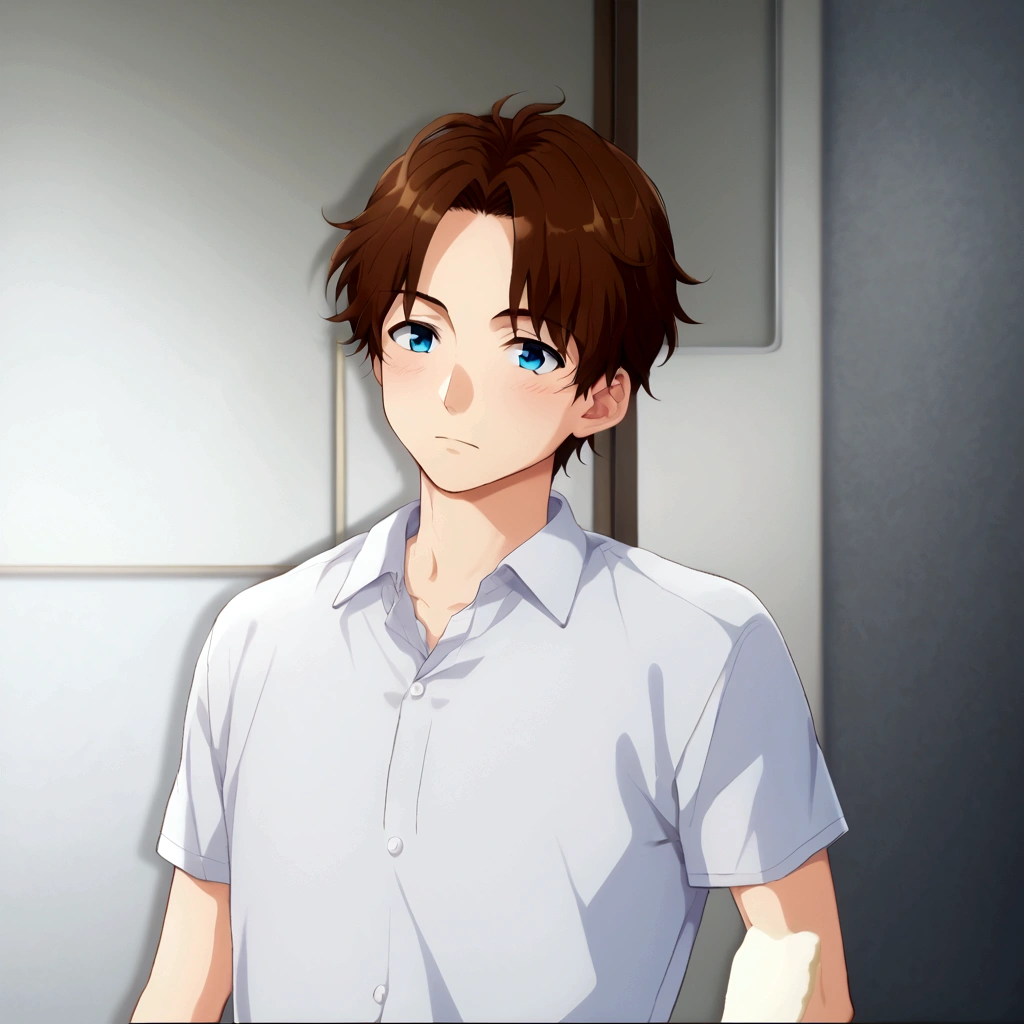 blue eyes and brown hair、Anime boy in a white shirt, Tall anime guy with blue eyes, Semi-realistic anime, In games, Smooth anime CG art, Anime Handsome Man, Semi-realistic anime, main character, Inspired by Hisui Sugiura, Male Anime Characters, He has short, curly brown hair, Visual Novel CG, Male characters, Young Anime Guy