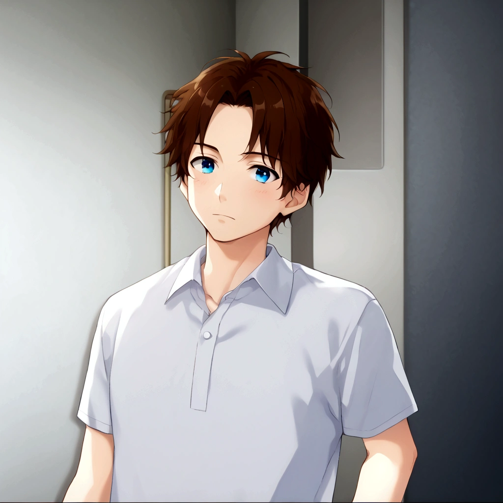 blue eyes and brown hair、Anime boy in a white shirt, Tall anime guy with blue eyes, Semi-realistic anime, In games, Smooth anime CG art, Anime Handsome Man, Semi-realistic anime, main character, Inspired by Hisui Sugiura, Male Anime Characters, He has short, curly brown hair, Visual Novel CG, Male characters, Young Anime Guy