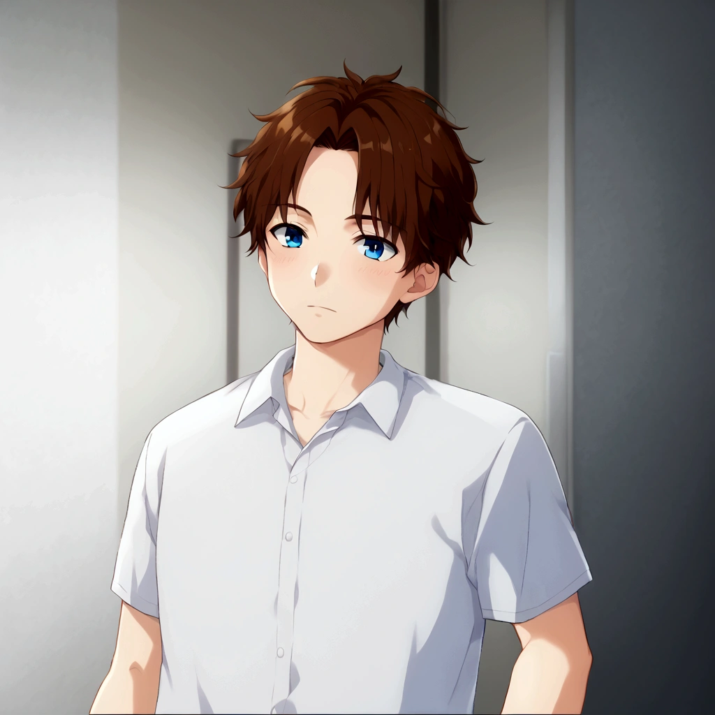 blue eyes and brown hair、Anime boy in a white shirt, Tall anime guy with blue eyes, Semi-realistic anime, In games, Smooth anime CG art, Anime Handsome Man, Semi-realistic anime, main character, Inspired by Hisui Sugiura, Male Anime Characters, He has short, curly brown hair, Visual Novel CG, Male characters, Young Anime Guy