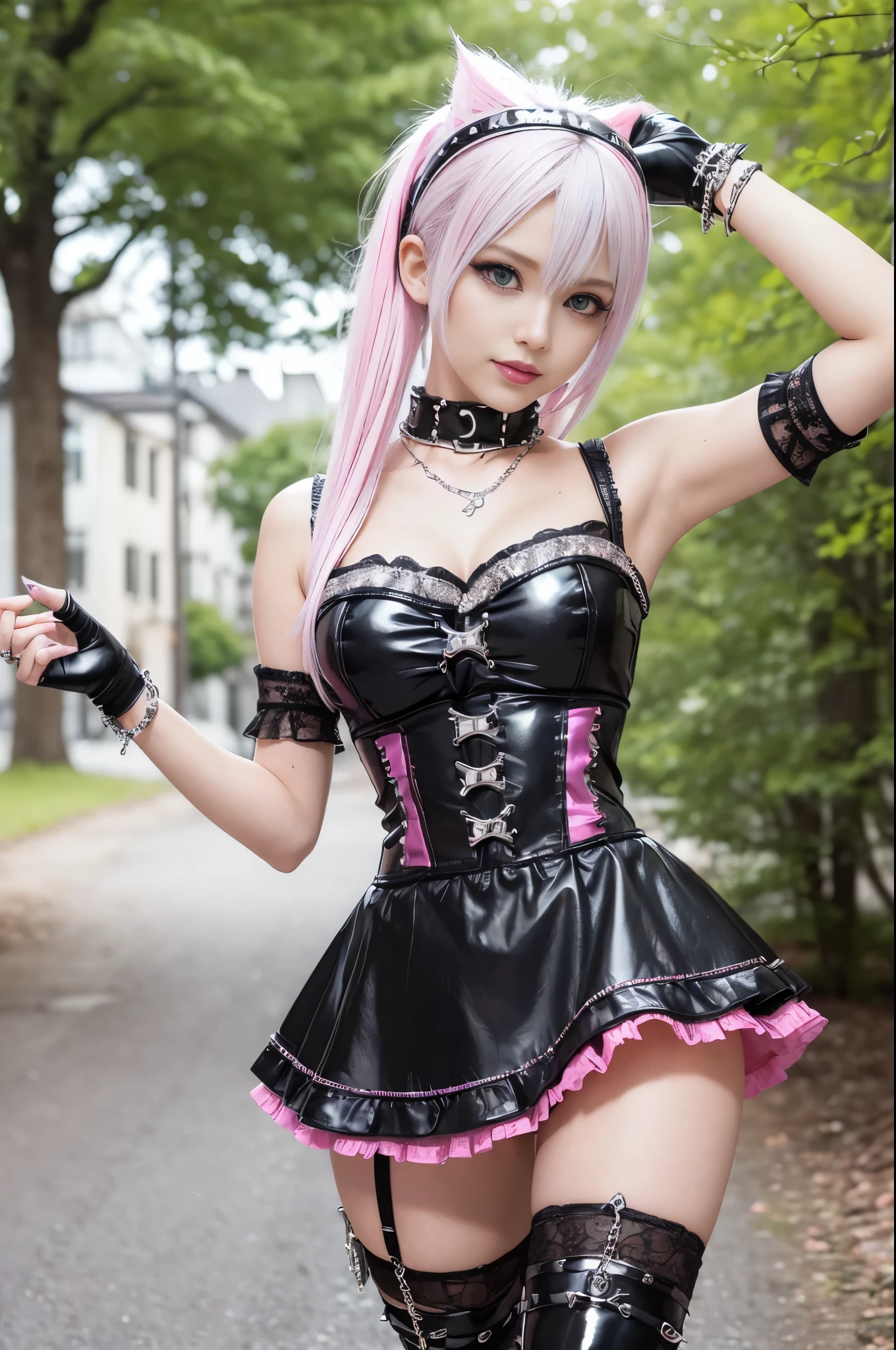 sexy stylish Swedish model, only 1 female, ((doll-like appearance)), very short neon pink stylish hair, ((shiny Punk-Style boots)), (happy smile), ultra detailed eyes, long lashes, metallic makeup, lip-gloss, ((sexy Punk ta cosplay)), unconventional skirt, petticoats, high neckline, ((ultra detailed lace)), ((ultra detailed embroidery)), intricate details, tartan patterns, (silver chains), (silver spikes), Punk Loliccessoires, Punk Lolita cr, ((large sparkling Punk Lolita jewel, cinematic light, detailed large park background with trees