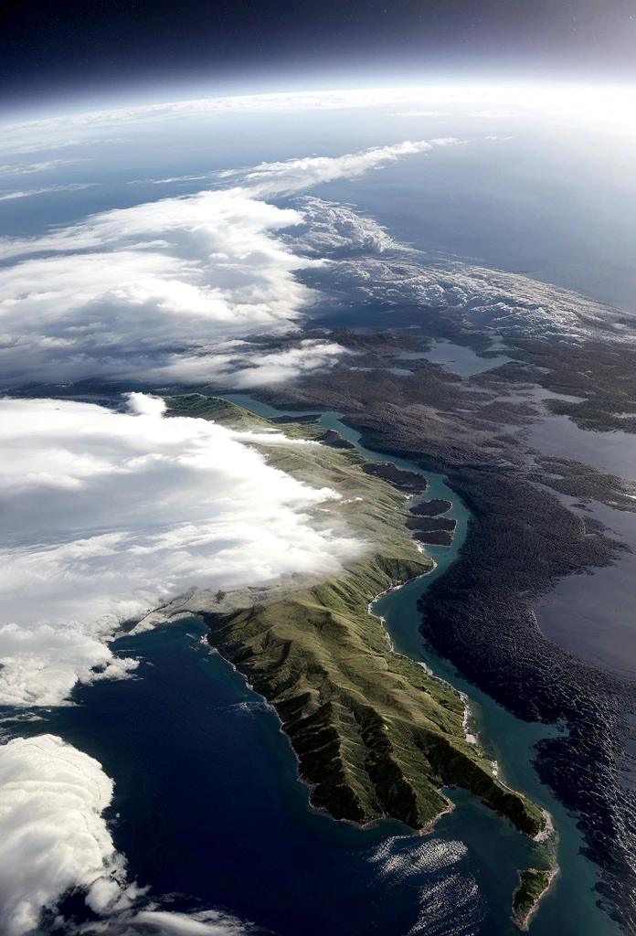 A picture of looking down at the earth from thousands of miles high，There is always a pillar on earth that reaches the sky