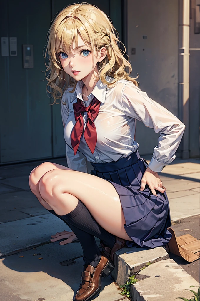 (masterpiece),sexy:1.2,solo,girl,(wavy hair,blonde hair),
(school uniform:1.2),baggy socks,