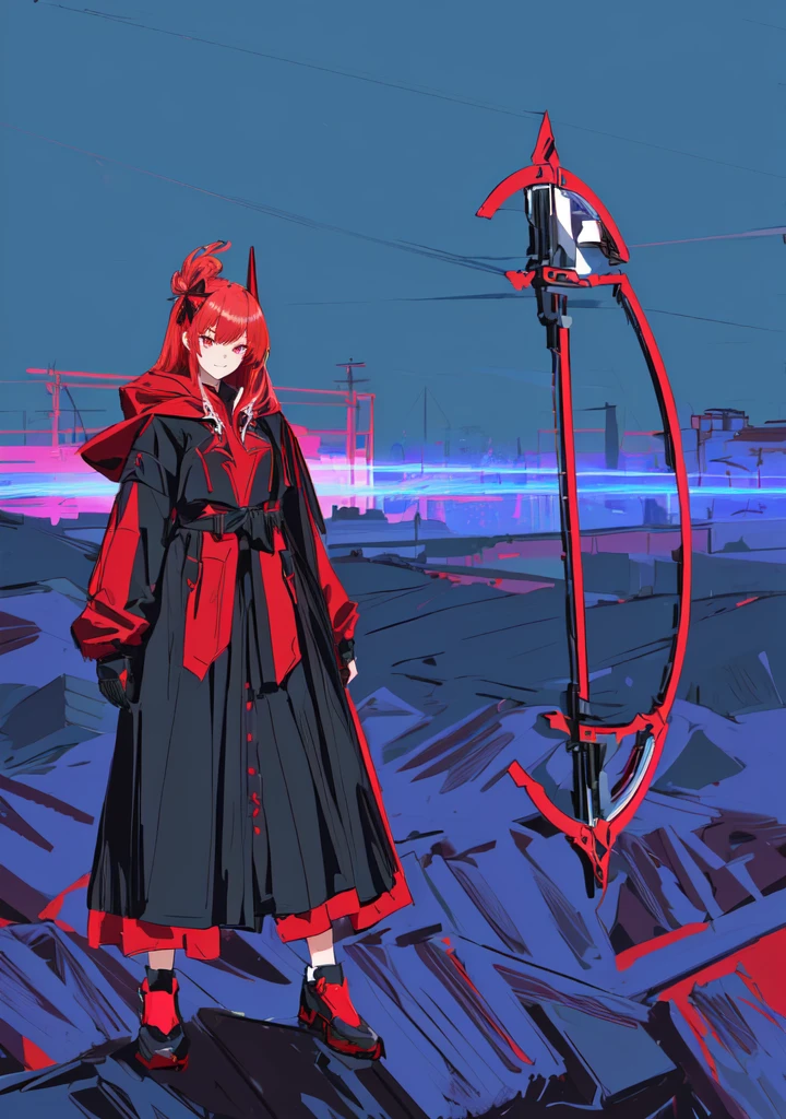 cartoon of a girl in a red and black outfit with a bow, red demon cloak, villain wearing a assassin suit, red hooded assassin, crimson attire, face hidden by hoodie cloak, archer, mask, bow in display