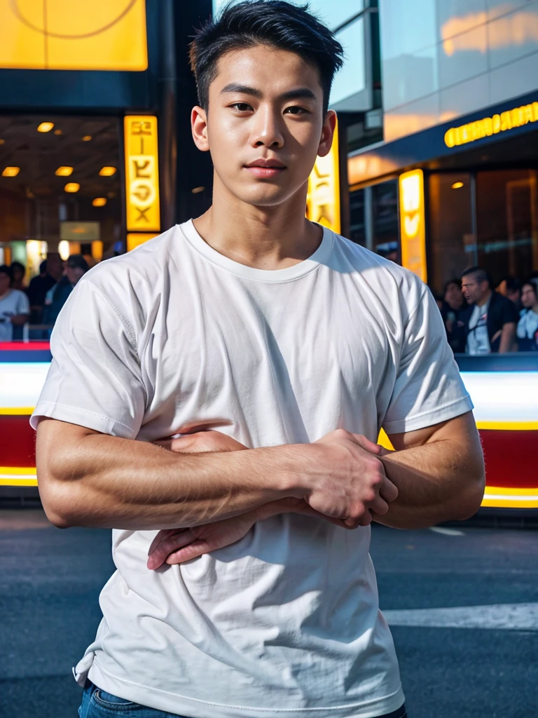 (best quality, 4K, 8K, high resolution, Masterpiece: 1.2), Special details, (realistically, As realistic as a photo, photo realistic: 1.37), Edge lighting, Extra detailed coloring, sharp focus, Physical rendering ,Extremely detailed description,professional,light color,Bokeh,Portrait,look at the viewer,
Young Asian man, 20 years old ,(Wear a white t-shirt)
