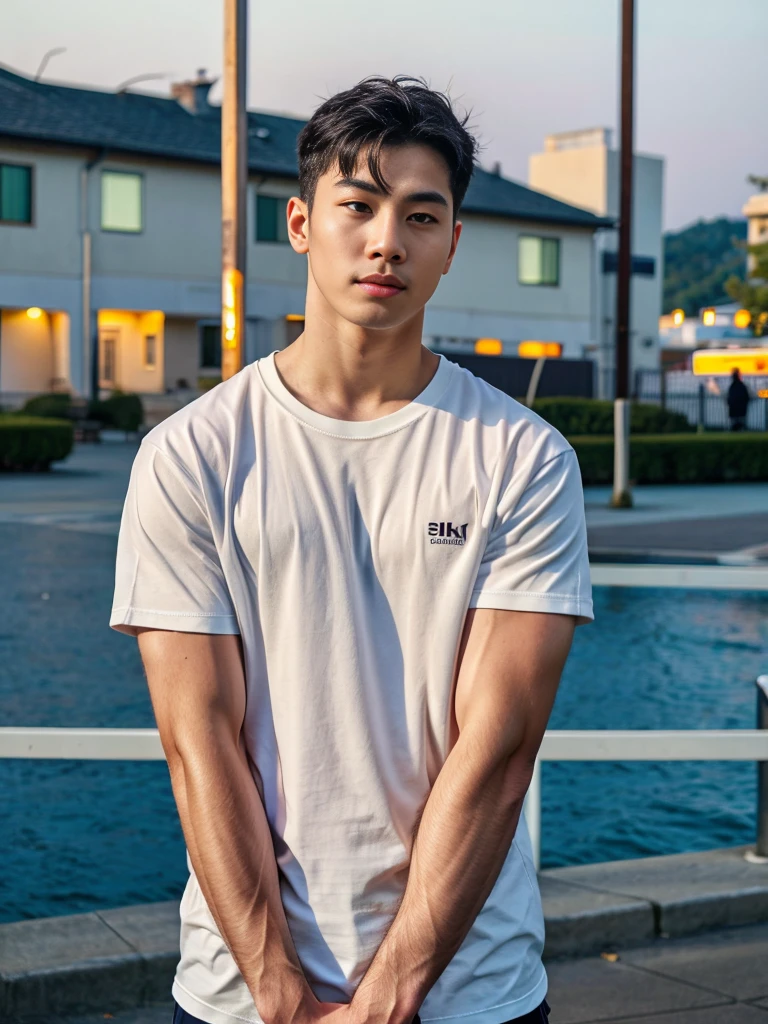 (best quality, 4K, 8K, high resolution, Masterpiece: 1.2), Special details, (realistically, As realistic as a photo, photo realistic: 1.37), Edge lighting, Extra detailed coloring, sharp focus, Physical rendering ,Extremely detailed description,professional,light color,Bokeh,Portrait,look at the viewer,
Young Asian man, 20 years old ,(Wear a white t-shirt)