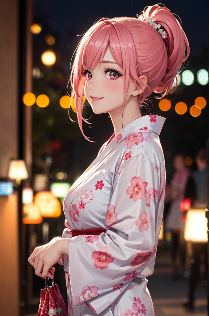 (Best Quality,High resolution,8K,finelity detailed background,Masterpiece:1.2),beautiful girl,Shiny pink hair,pony tail,Beautiful pink eyes,Gentle look,A refreshing look,Best quality,Best Quality,Aesthetic and aesthetic:1.2,Best details((Super detailed))(High-definition CG illustrations),yukata(Floral),Slender body,night,Fireworks display,Fireworks in the background,Fireworks,smile,blush,cute,Scrounge,Looking up,Being spoiled,super model