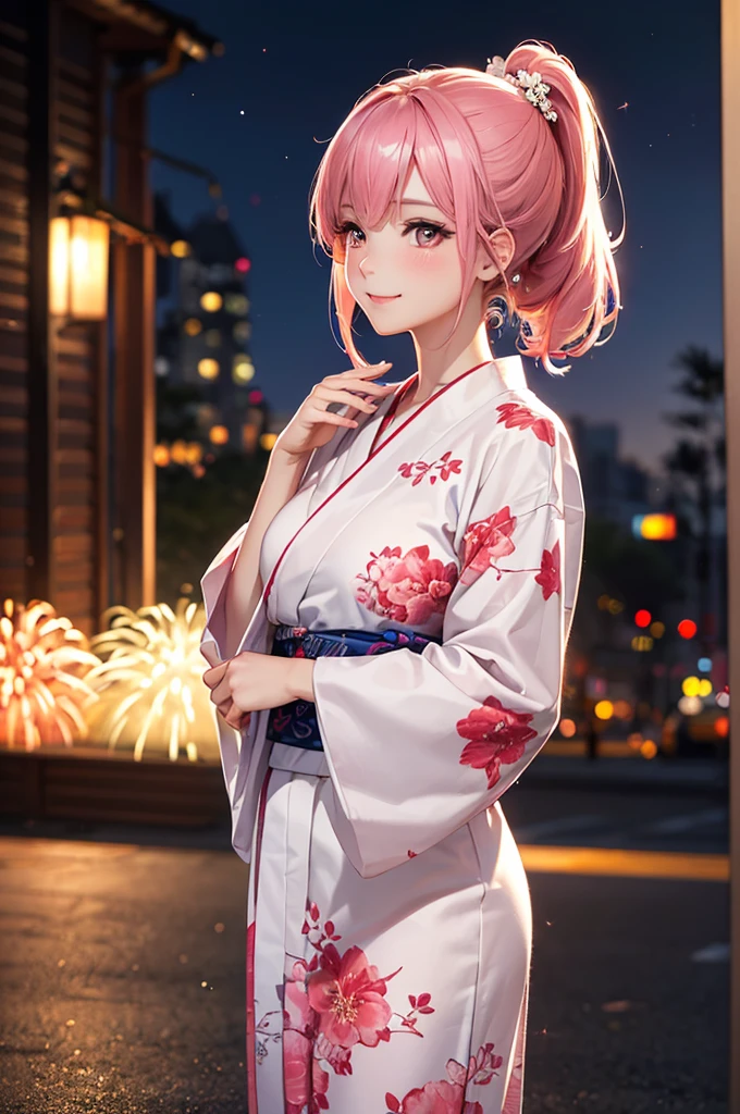 (Best Quality,High resolution,8K,finelity detailed background,Masterpiece:1.2),beautiful girl,Shiny pink hair,pony tail,Beautiful pink eyes,Gentle look,A refreshing look,Best quality,Best Quality,Aesthetic and aesthetic:1.2,Best details((Super detailed))(High-definition CG illustrations),yukata(Floral),Slender body,night,Fireworks display,Fireworks in the background,Fireworks,smile,blush,cute,Scrounge,Looking up,Being spoiled,super model