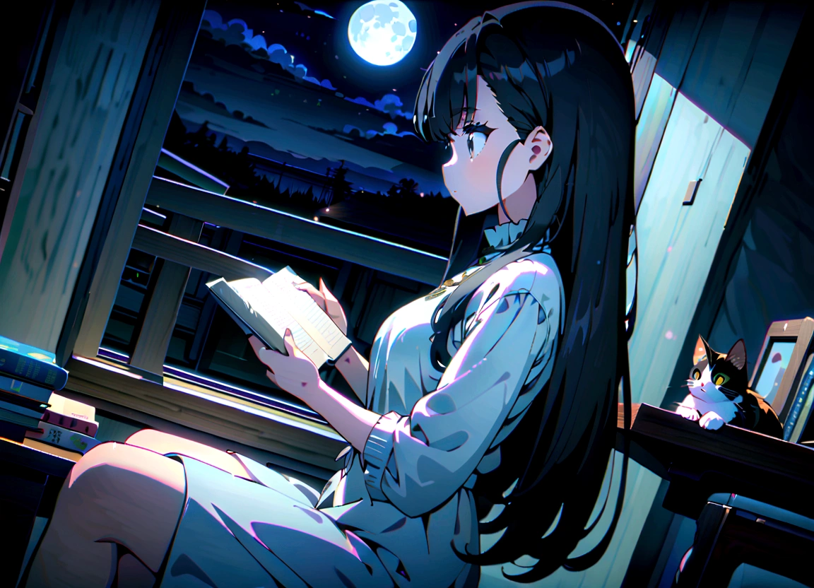 ((Beautiful)) ((masterpiece)) ((anime style)) women, black hair, long hair, black eyes, Reading books, clean room, sitting near window, cat on table, moon, ((night)), 8k, ultra HD, (((side angle shot)))