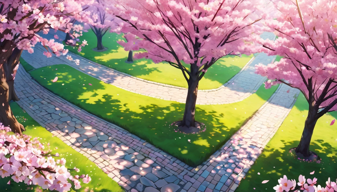 a beautiful sakura tree-lined path seen from a bird's-eye view, anime style, longeyelashes, cherry blossom flowers, vibrant colors, soft lighting, cinematic composition, detailed background, highly detailed, 8k, photorealistic