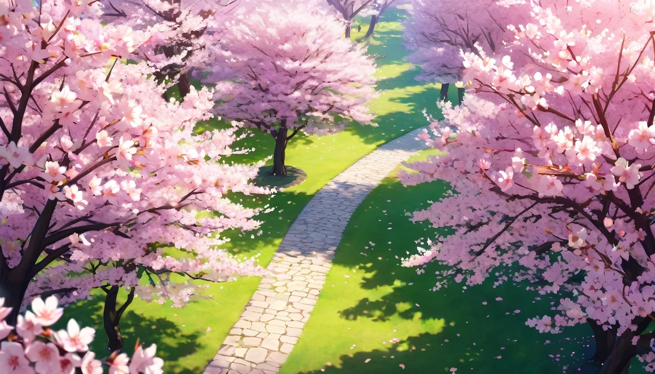 a beautiful sakura tree-lined path seen from a bird's-eye view, anime style, longeyelashes, cherry blossom flowers, vibrant colors, soft lighting, cinematic composition, detailed background, highly detailed, 8k, photorealistic