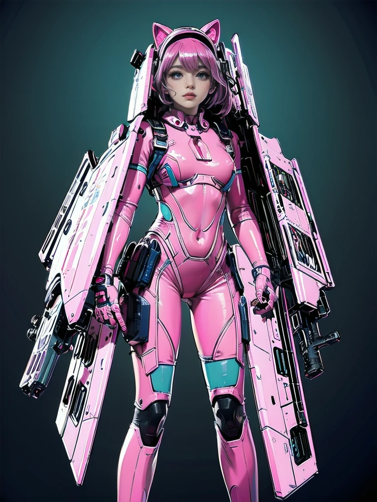 complete body shot,retro futuristic flat background,masterpiece, best quality, 1girl, solo, retro futuristic cyborgwoman, seamlessly blending mechanics and elegance. fit, small breasts, blueish skin, with magenta hair, fashion modeling pose, form fitting pastel yellow and pink with black colorblocking gundam suit-like-armor,kitty_ear headpiece, happy, wild pink punky hair, humanoid face with bigger eyes and some cyberparts holding a retro futuristoc space-gun, plain background, intense colors, Anime, Cartoon, Comic Book, Concept Art