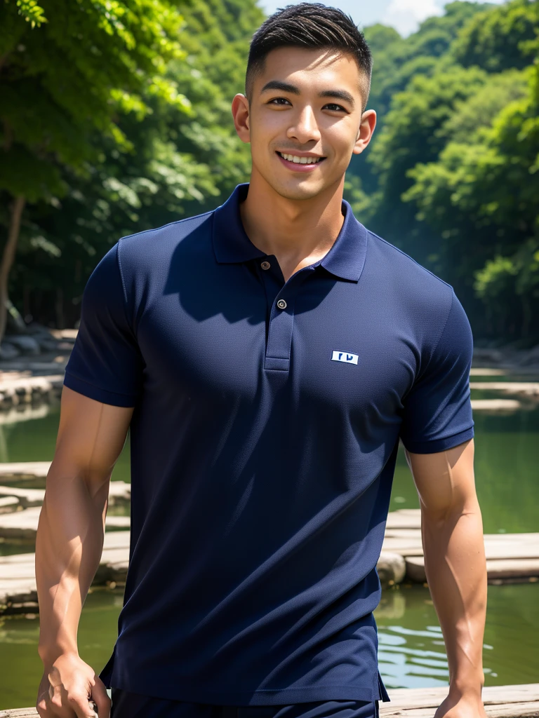 (Create a masterpiece: 1.2),(CGI art:1.3),(realistic:1.5),(After processing:1.3),(Sharp focus:1.3),10,1 man, smile, (Wear a navy polo shirt...), Navy cargo pants, Korean guy , korean men, (High gloss details), chest muscles, large arm muscles, blood vessel, Big muscles, Broad shoulders, looking at the audience, Balancing the eyes, rice field