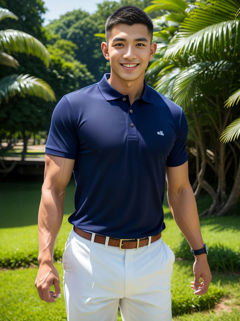 (Create a masterpiece: 1.2),(CGI art:1.3),(realistic:1.5),(After processing:1.3),(Sharp focus:1.3),10,1 man, smile, (Wear a navy polo shirt...), Navy cargo pants, Korean guy , korean men, (High gloss details), chest muscles, large arm muscles, blood vessel, Big muscles, Broad shoulders, looking at the audience, Balancing the eyes, rice field