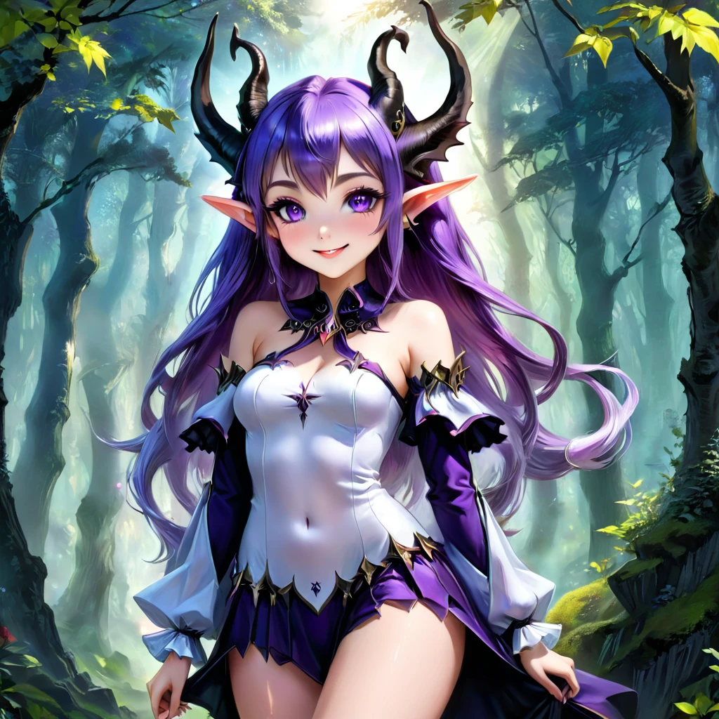 masterpiece, Highest quality, Very detailed, High resolution, An expensive solution, High resolution, masterpiece, depth, Fine texture, Highest quality, Total concentration, (very pretty anime Elf Girl), (Beautiful Gothic Elf Woman, Young Elves, Elf Girl, pretty girl, Young girl),Has horns on its headがある, Grin, smile, (A chic dress with beautiful details, Fluffy long sleeves, ), Purple eyes, Long eyelashes, Low angle shot、eyeliner, Huge thighs, Wide Hips, Tight waist, ( Purple hair), (Light Hair, Long Hair), bangs, Gradient Hair), Shiny Hair,  Forest as a background, Fantasy art, 8k high quality detailed art, A fusion of realism and colorful fantasy, Gothic art style, Fantasy art style, a beautiful fantasy Young Elves, CGI anime Fantasy artwork, charm,  Seductive posture, Standing posture,Vibrant colors, 自信に満ちたsmile, gentle smile, Beautiful attention to detail, Beautiful lip detail, Very detailed目と顔, Long eyelashes, Vibrant colors, Professional, Very detailedな, Intricate details, Volumetric lighting, Lens flare, particle,(White and platinum color scheme), mysterious, mysteriousな.Has horns on its head,Standing posture、Low angle shot