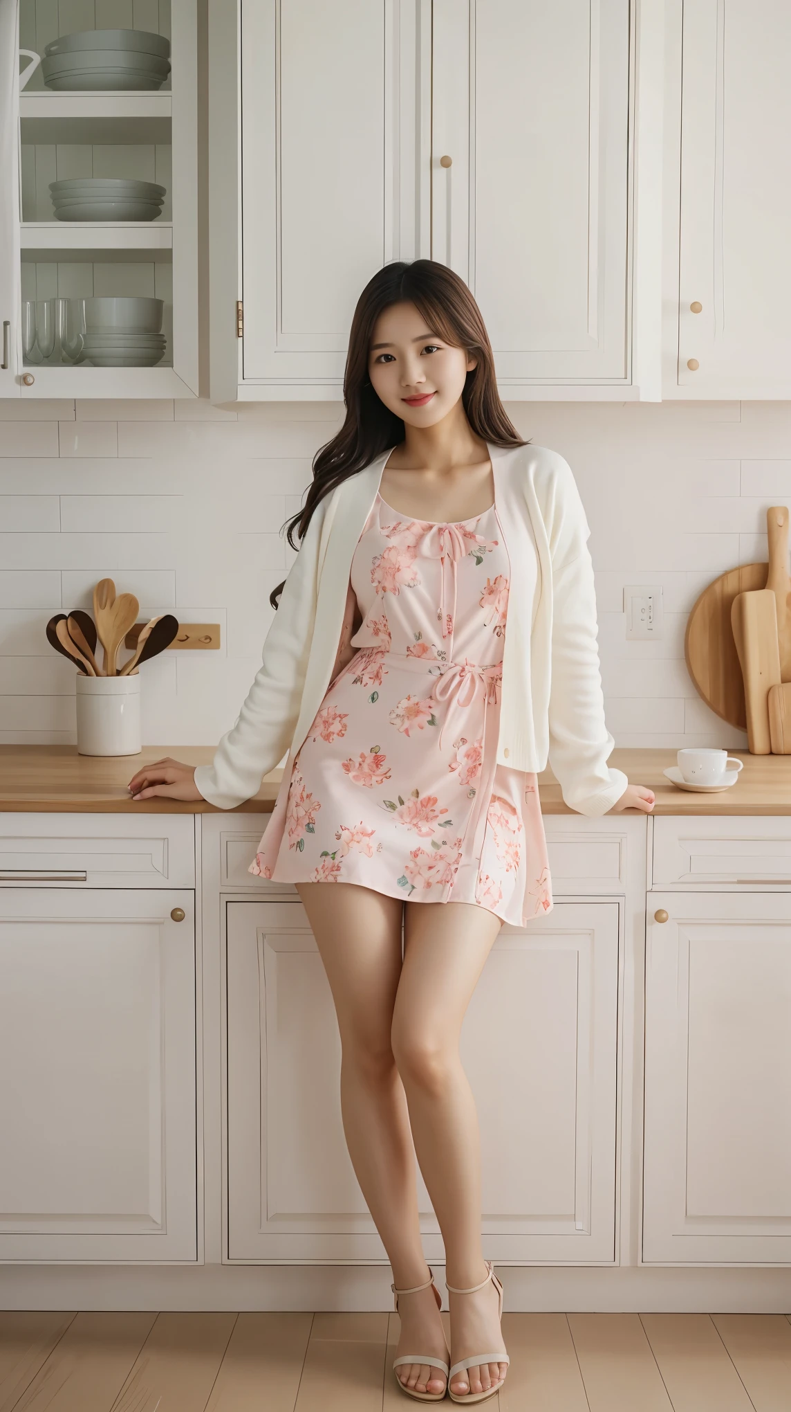 Full body shot, a young Korean woman in a white cardigan, pink floral dress, sandals,standing in kitchen, face straight to viewer, seductive pose, serene expression, cute face, detailed face, detailed clothing, detailed background, natural lighting, warm colors, beautiful scenery, intricate details, highly detailed, photorealistic, 8k, ((masterpiece)), cinematic style, portrait