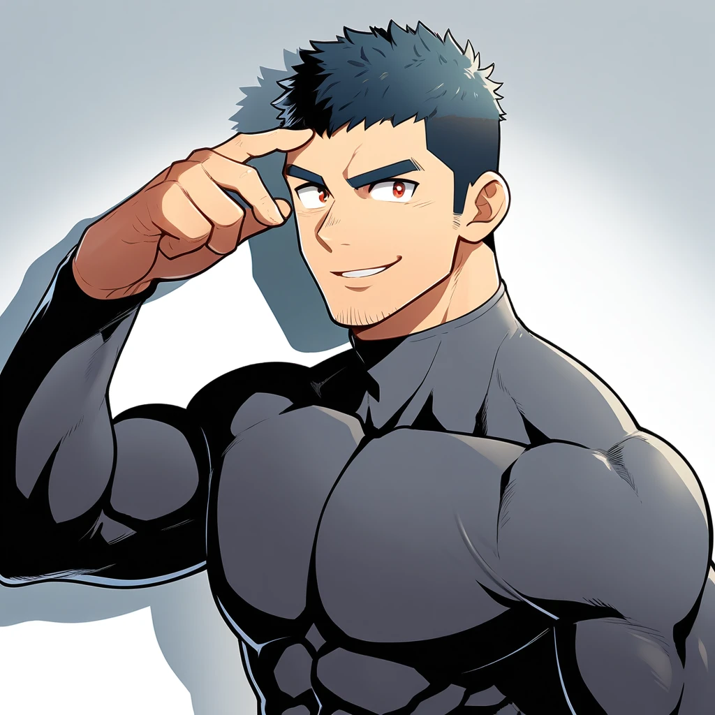 anime characters：Gyee, Muscle Sports Student, Manliness, male focus, Cute boy with big eyes, Mike White high collar long sleeve tight T-shirt, Slightly transparent material, Very tight, Round, full and perky chest muscles, Slightly transparent, muscular male, muscular, only, Upper body, alone, Black short hair, Thick eyebrows, stubble, Cute little eyes, Brown-red pupils, Grey background, simple background, amazing quality, best aesthetics, Ridiculous, crew cut, parted lips, seductive smile, torogao, naughty face, drop shadow, best quality