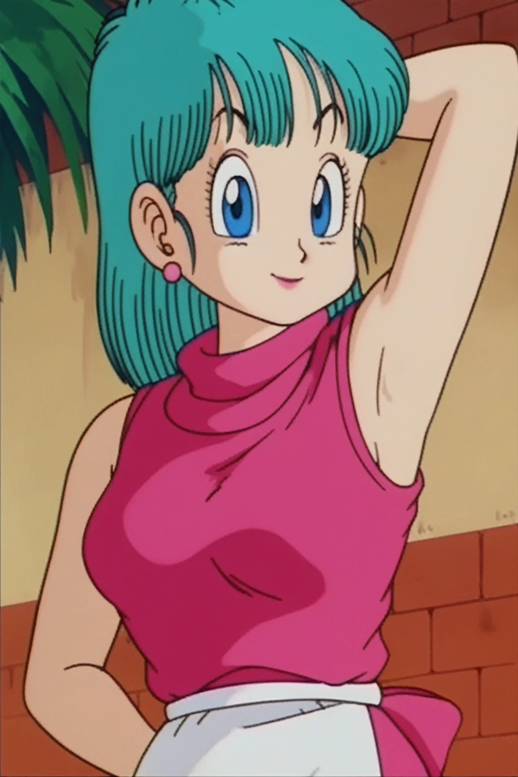 source_anime, score_9, score_8_up, score_7_up, anime screencap, bulma \(dragonball\), aged_up, brick wall, blue skies, 1girl, solo, medium hair, blue eyes, jewelry, earrings, outdoors, , tree, aqua hair, retro artstyle, 1990s \(style\), ((((nude)))))(((( showing bib boobs))))(((hands above showing armpits)))), right arm down, looking at the viewer, medium breasts, upper body, smile, standing,