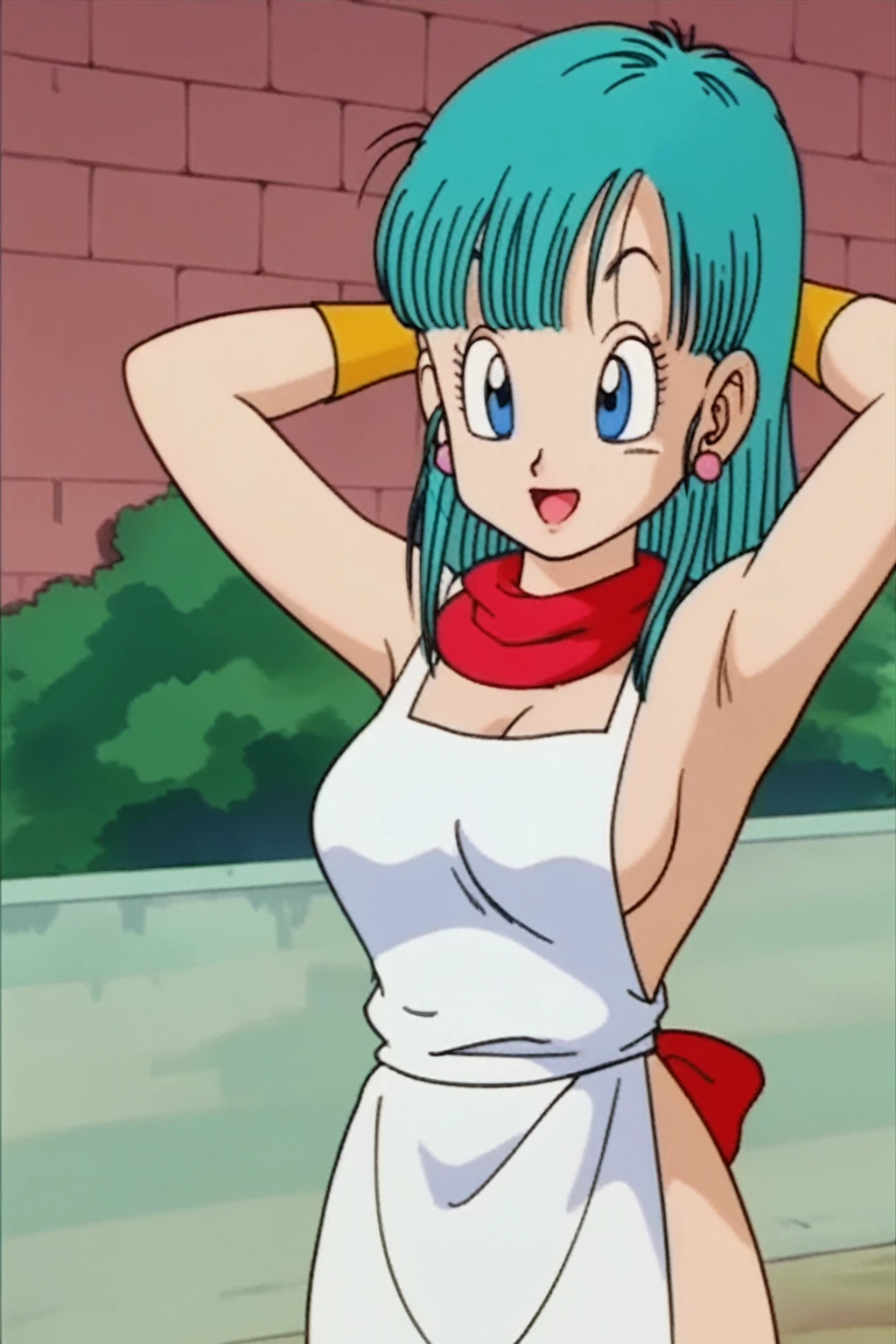 source_anime, score_9, score_8_up, score_7_up, anime screencap, bulma \(dragonball\), aged_up, brick wall, blue skies, 1girl, solo, medium hair, blue eyes, jewelry, earrings, outdoors, , tree, aqua hair, retro artstyle, 1990s \(style\), ((((nude)))))(((( showing bib boobs))))(((hands above showing armpits)))), right arm down, looking at the viewer, medium breasts, upper body, smile, standing,