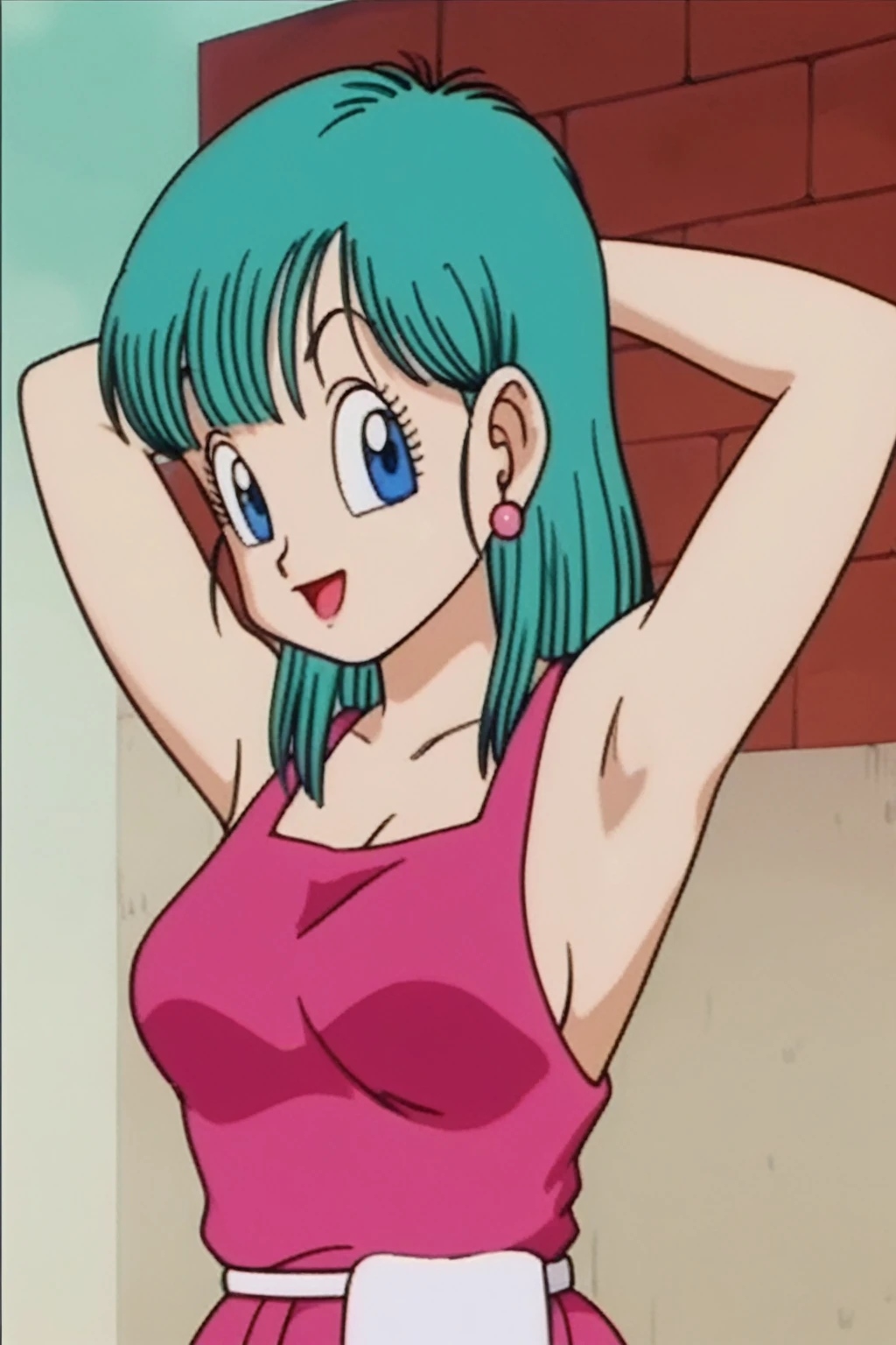 source_anime, score_9, score_8_up, score_7_up, anime screencap, bulma \(dragonball\), aged_up, brick wall, blue skies, 1girl, solo, medium hair, blue eyes, jewelry, earrings, outdoors, , tree, aqua hair, retro artstyle, 1990s \(style\), ((((nude)))))(((( showing bib boobs))))(((hands above showing armpits)))), right arm down, looking at the viewer, medium breasts, upper body, smile, standing,