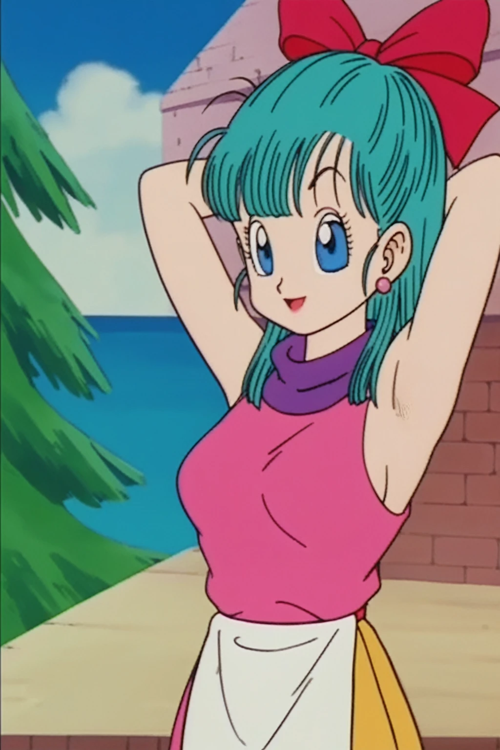 source_anime, score_9, score_8_up, score_7_up, anime screencap, bulma \(dragonball\), aged_up, brick wall, blue skies, 1girl, solo, medium hair, blue eyes, jewelry, earrings, outdoors, , tree, aqua hair, retro artstyle, 1990s \(style\), ((((nude)))))(((( showing bib boobs))))(((hands above showing armpits)))), right arm down, looking at the viewer, medium breasts, upper body, smile, standing,
