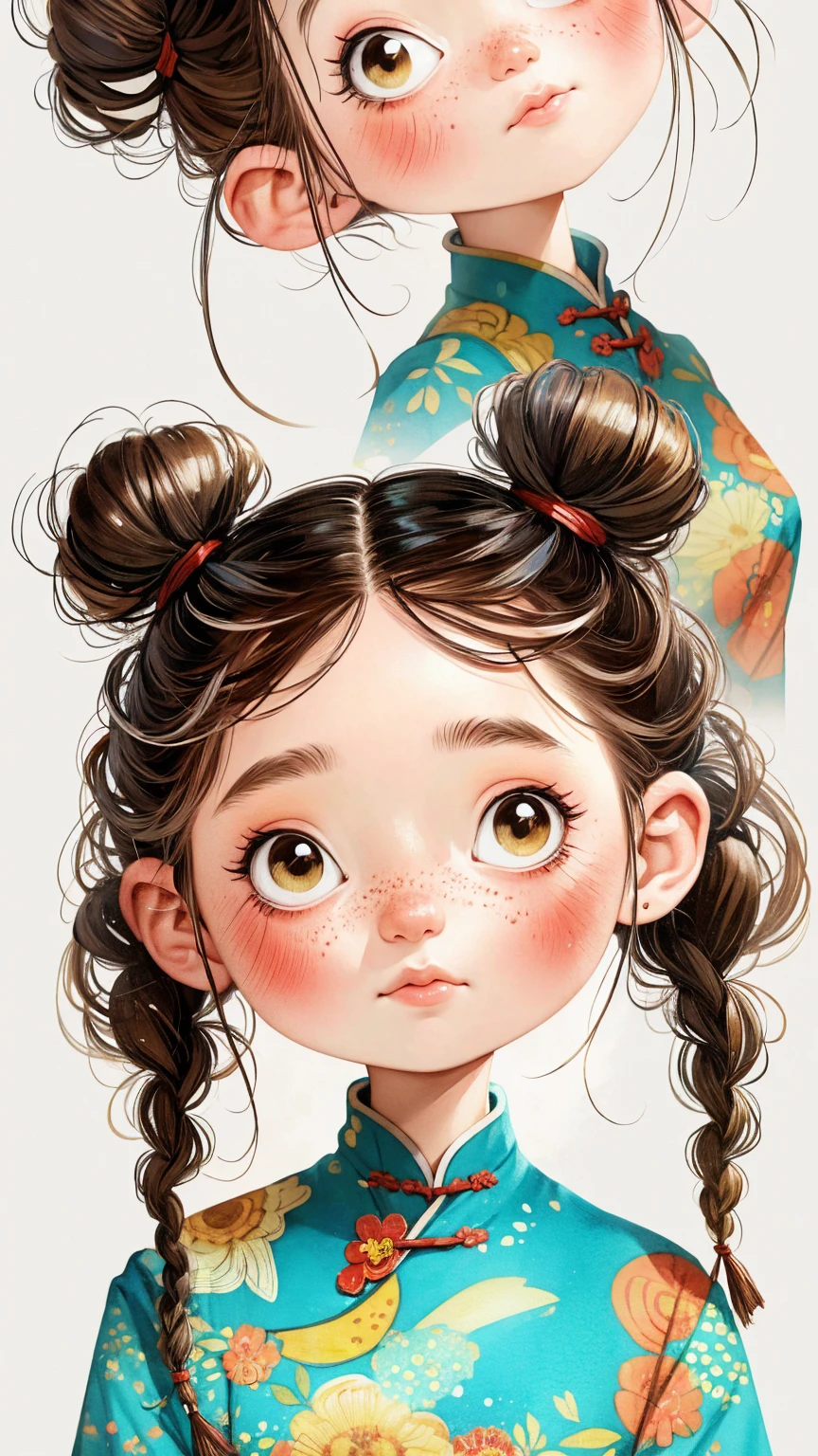 (masterpiece, best quality:1.2), watercolor painting,cartoonish character design。1 girl, alone,big eyes,Cute expression,Two little braids,cheongsam,portrait,interesting,interesting,clean lines,Leave blank,