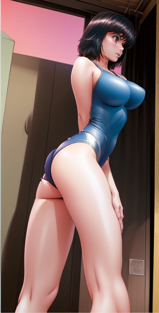 A boyish, short-haired, busty, beautiful-legged woman is standing in a competitive swimsuit with her legs spread to the sides, her hands on her hips, and a blush on her face.。Angle viewed from below。