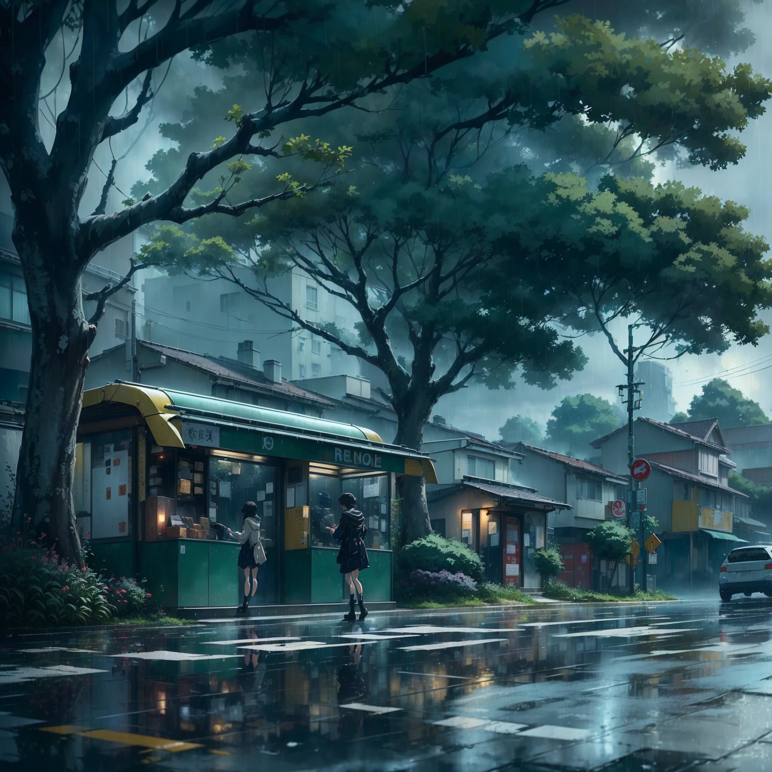 il y a une voiture qui roule dans la rue sous la pluie, Jour de pluie. rendu du jeu, sombre. par Makoto Shinkai, rendu d&#39;octane. par Makoto Shinkai, greg rutkowski Makoto Shinkai, makoto Sinkai, Temps orageux. Makoto Shinkai, par Makoto Shinkai, par Makoto Shinkai, in style of Makoto Shinkai