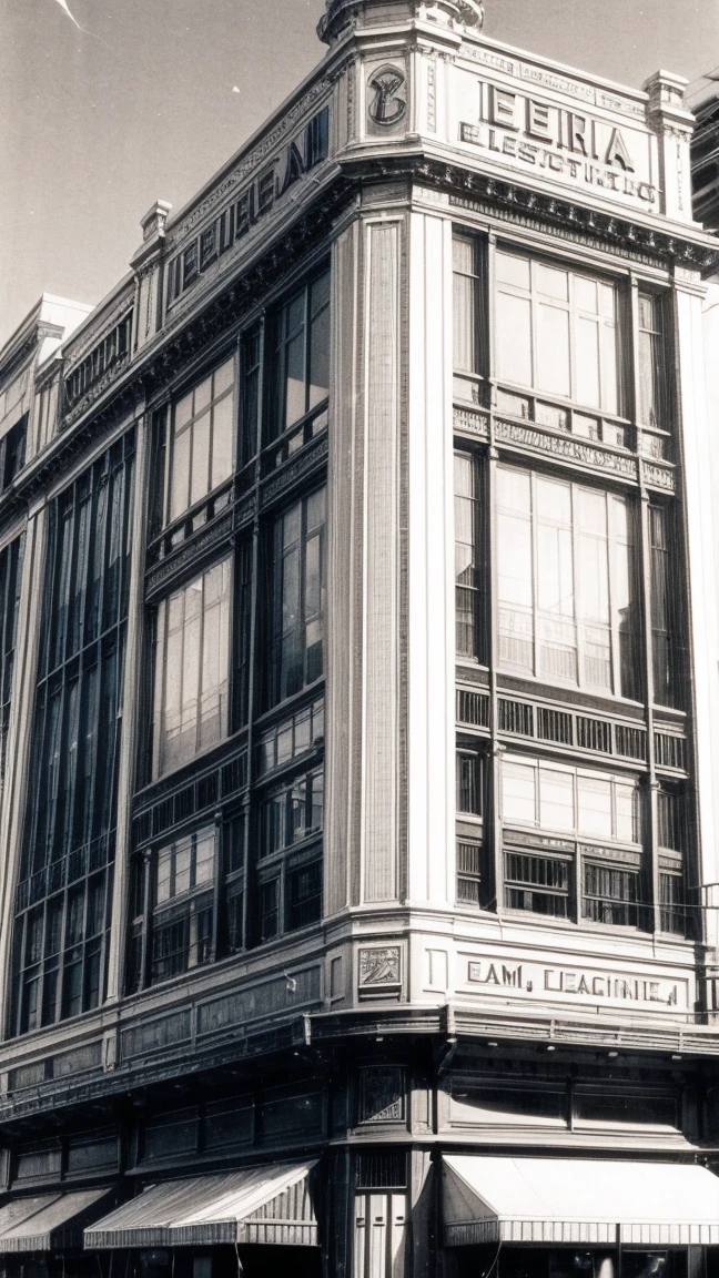 The facade of the Osaka Electric Light Company building in the early 20th century. Large windows and a prominent logo of the company. Early 1900s aesthetic, sepia tone.