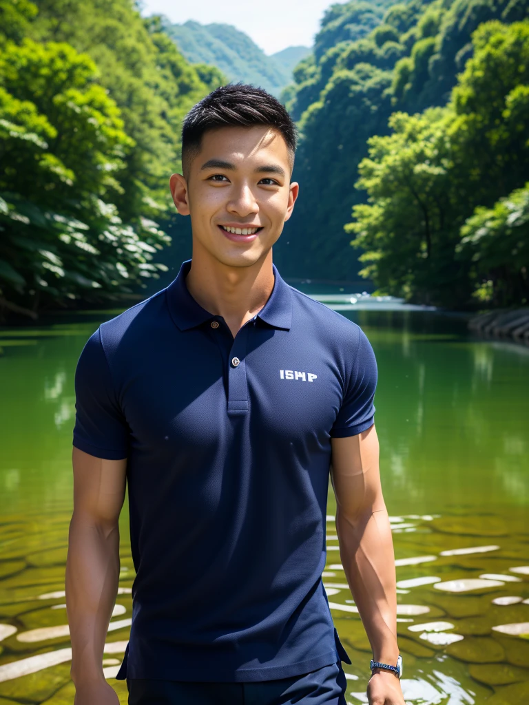 (Create a masterpiece: 1.2),(CGI art:1.3),(realistic:1.5),(After processing:1.3),(Sharp focus:1.3),10,1 man, smile, (Wear a navy polo shirt...), Navy cargo pants, Korean guy , korean men, (High gloss details), chest muscles, large arm muscles, blood vessel, Big muscles, Broad shoulders, looking at the audience, Balancing the eyes, rice field
